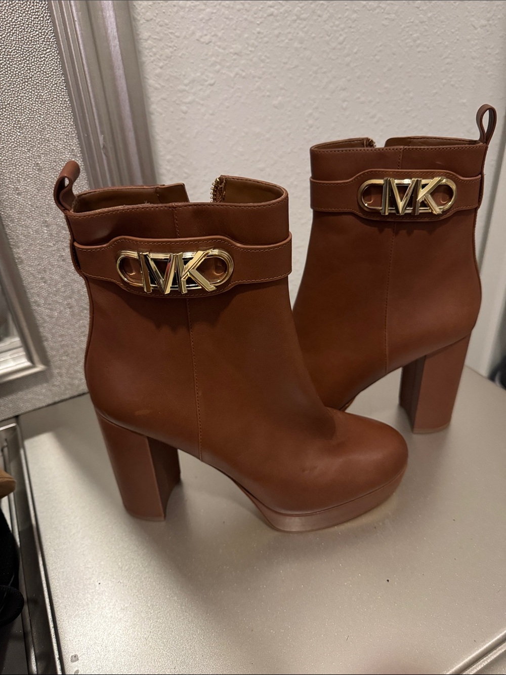 MICHAEL Michael Kors Chestnut Brown Leather Ankle Booties with Gold Accent - Picture 5 of 5